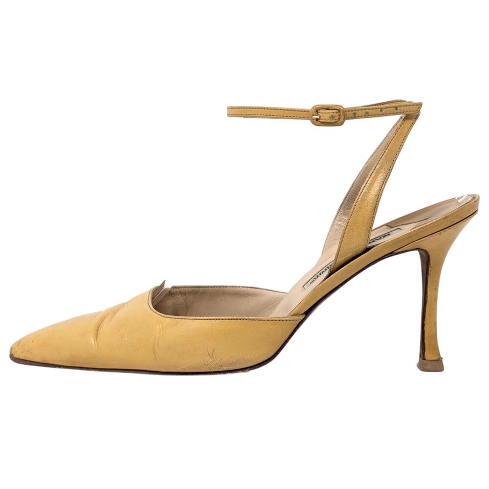 Manolo Blahnik Tan‎ Leather Slingback Heels Pointed Toe Stiletto 39.5